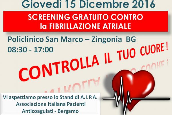 15 Dicembre 2016: Terzo appuntamento A.I.P.A. per la Prevenzione della Fibrillazione Atriale